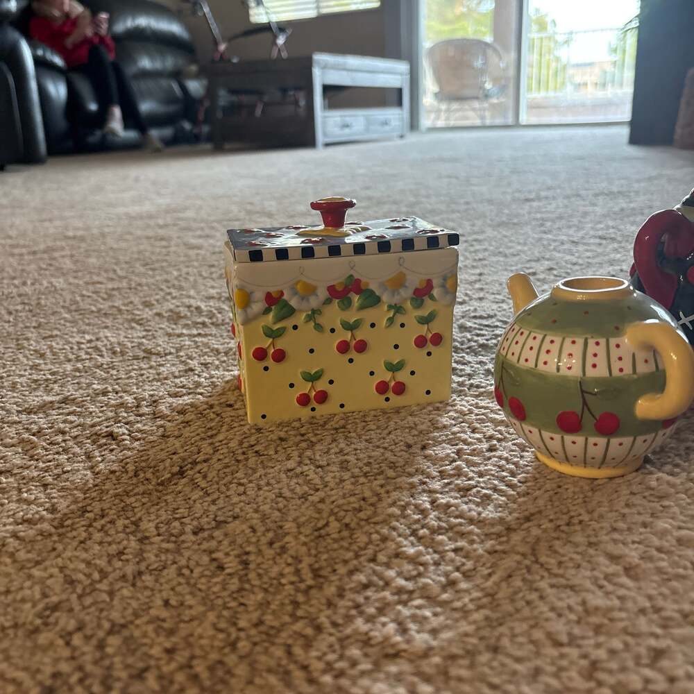 Mary Engelbreit Ceramic Cherry Tea Box Canister with Lid